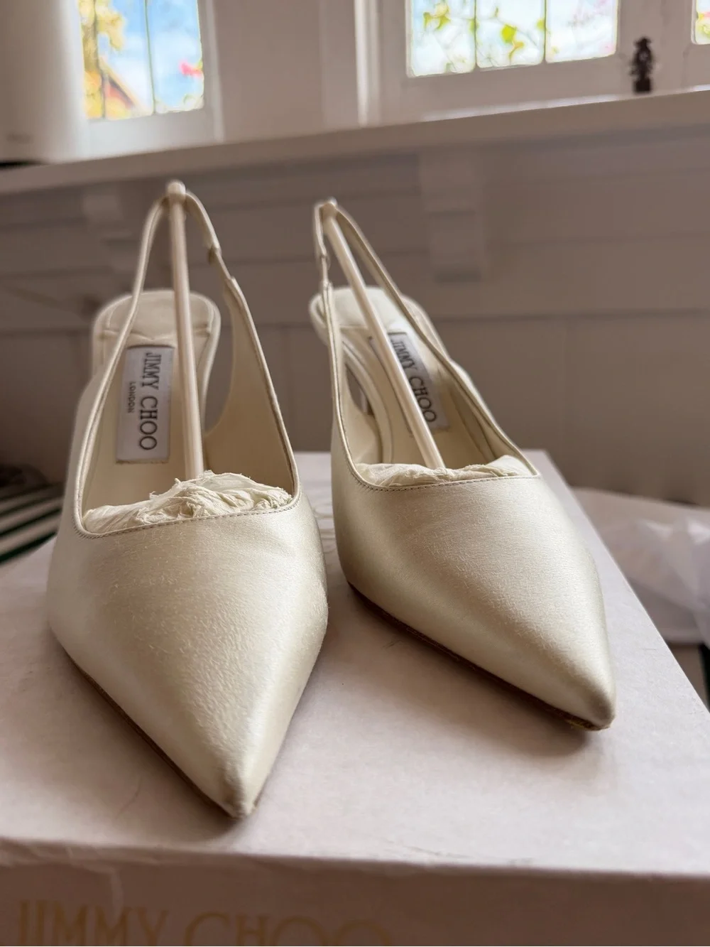 Jimmy Choo Cream Satin Pointed-Toe Slingback Pumps